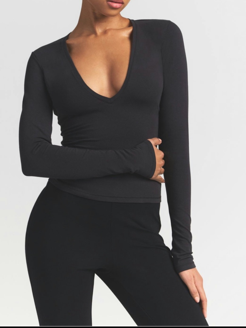 Skims Cotton Jersey Long Sleeve Plunge Top Soot M
